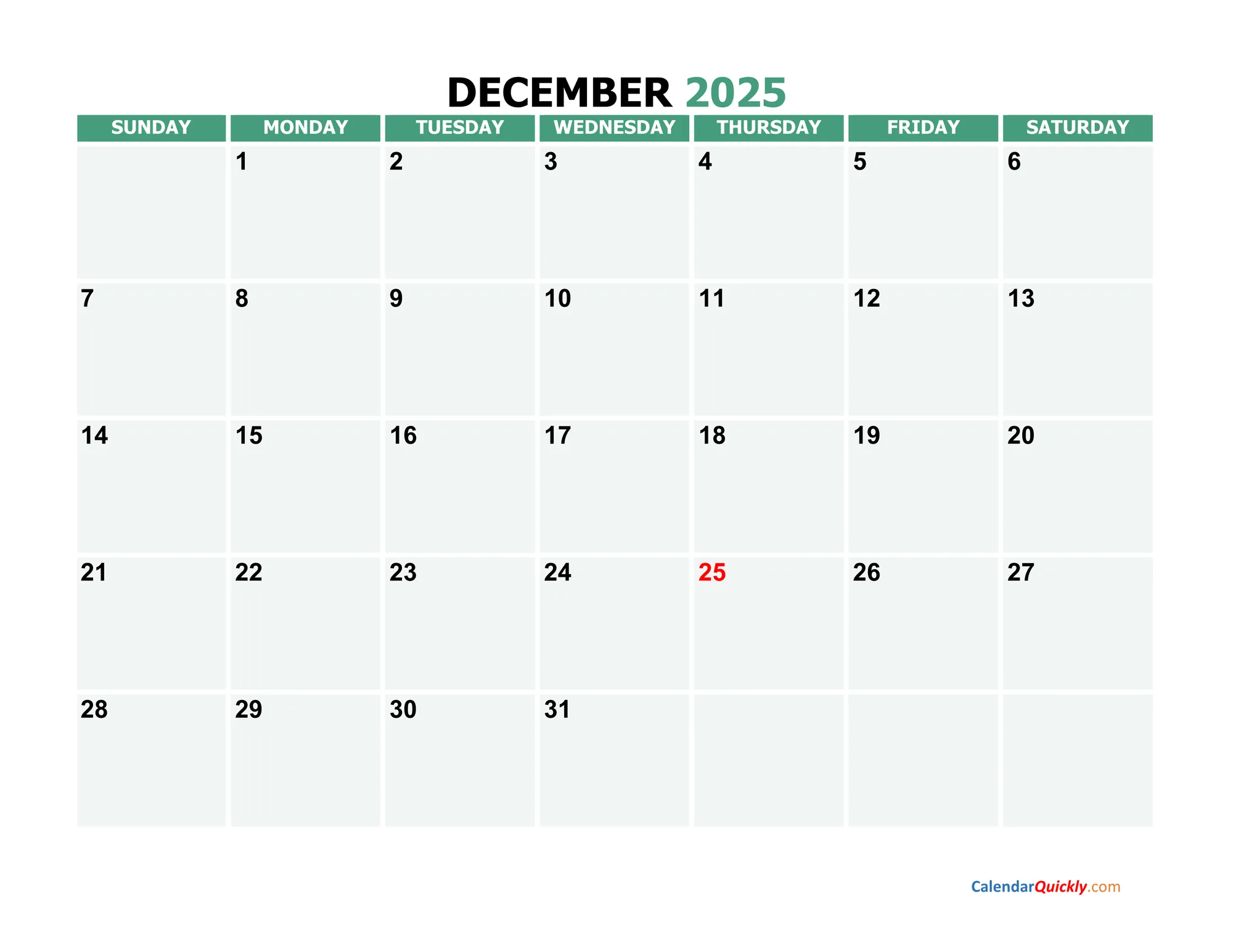 December 2025 calendar for quick reference