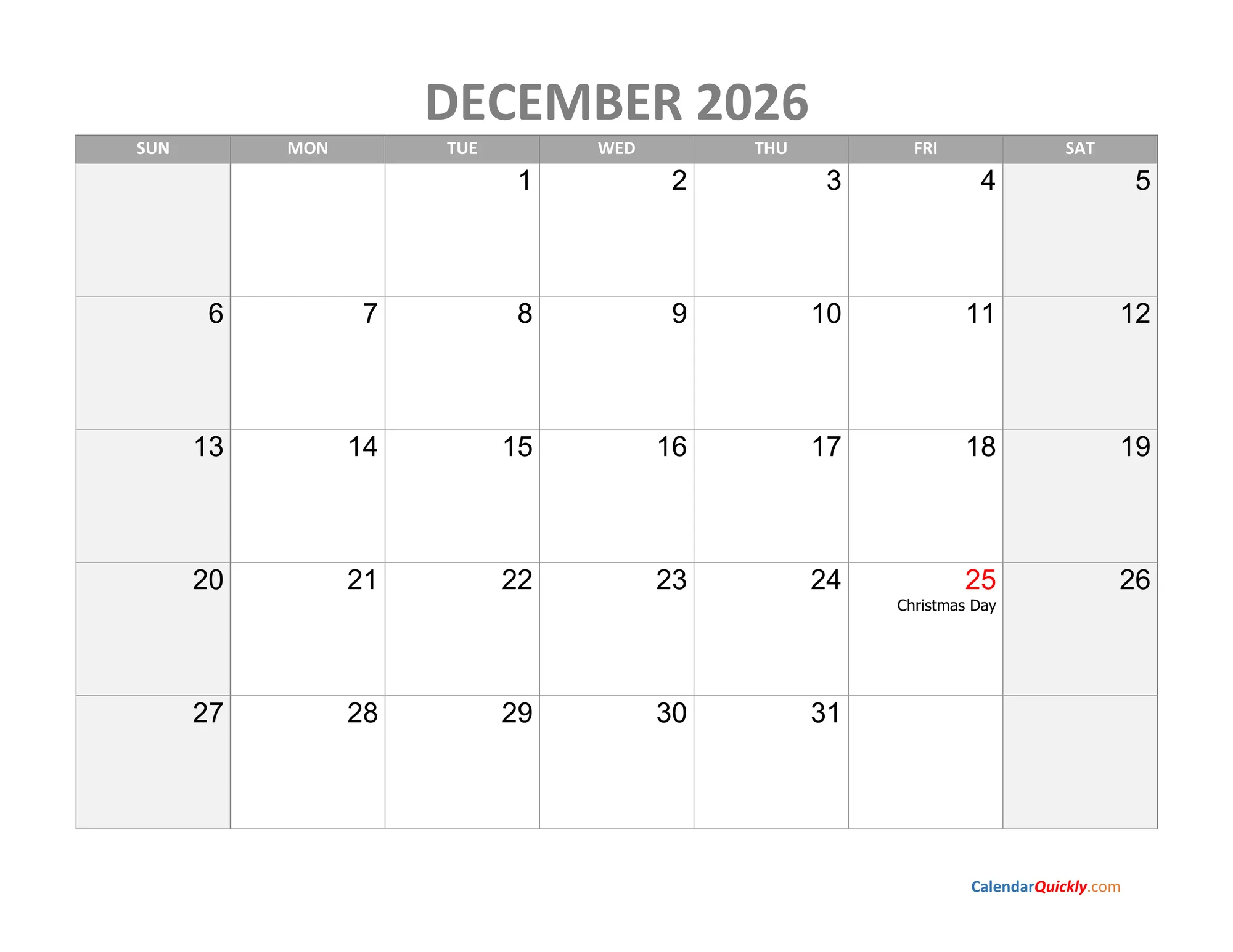 December 2026 calendar with holiday dates