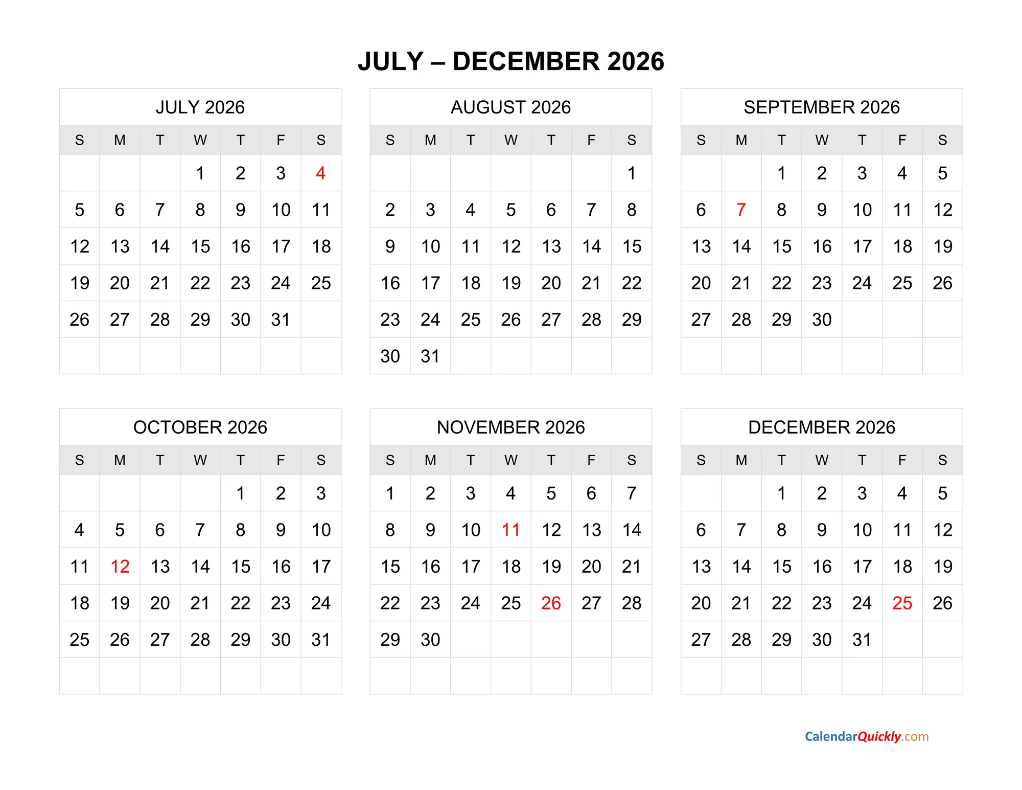 July to December 2026 calendar overview