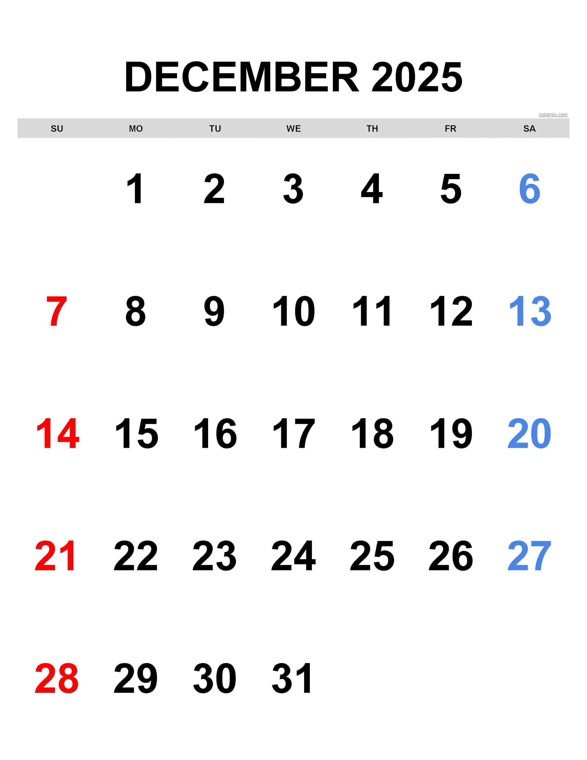 calendar for december 2025