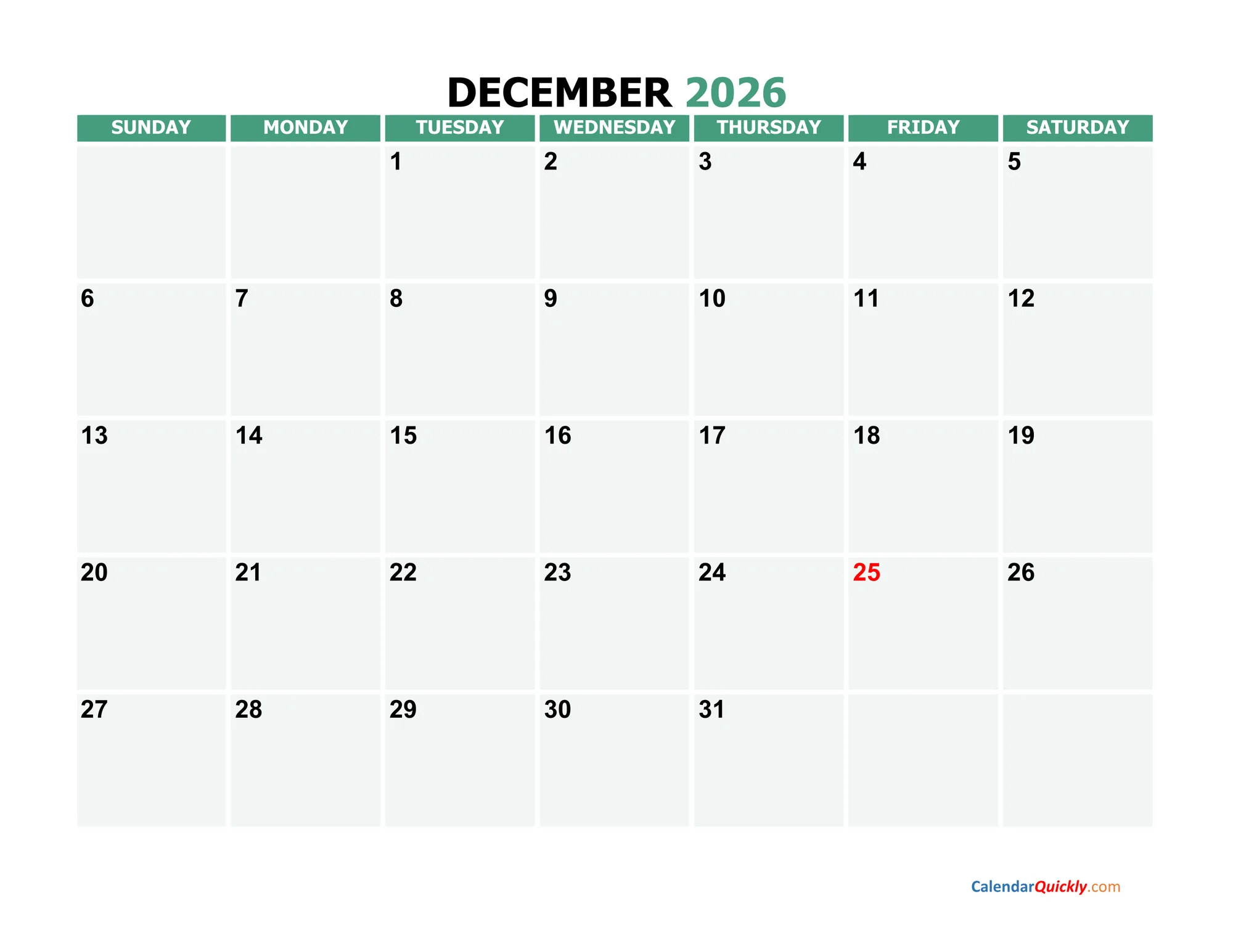 blank template for December 2026
