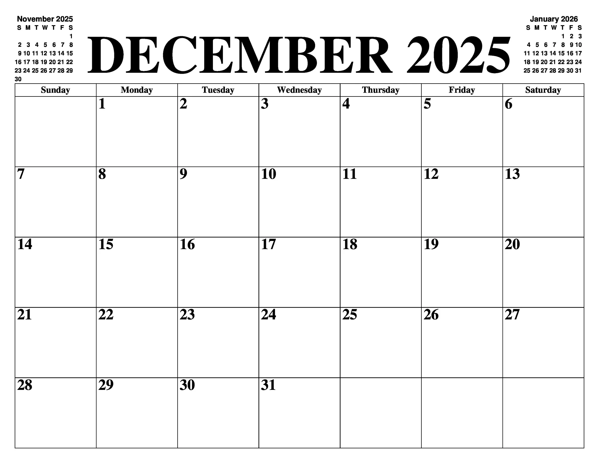 December 2025 calendar to print