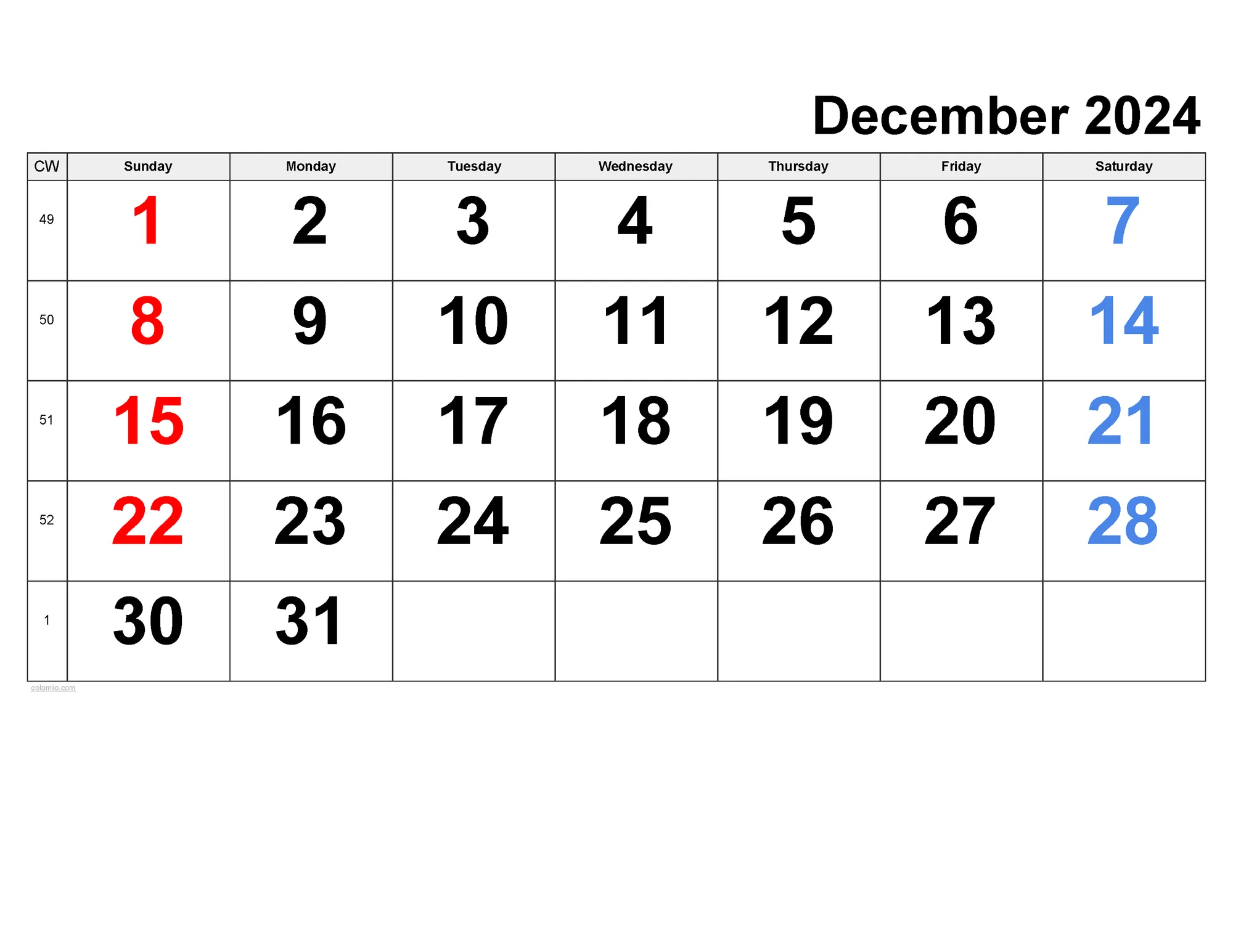 Printable calendar for December 2024