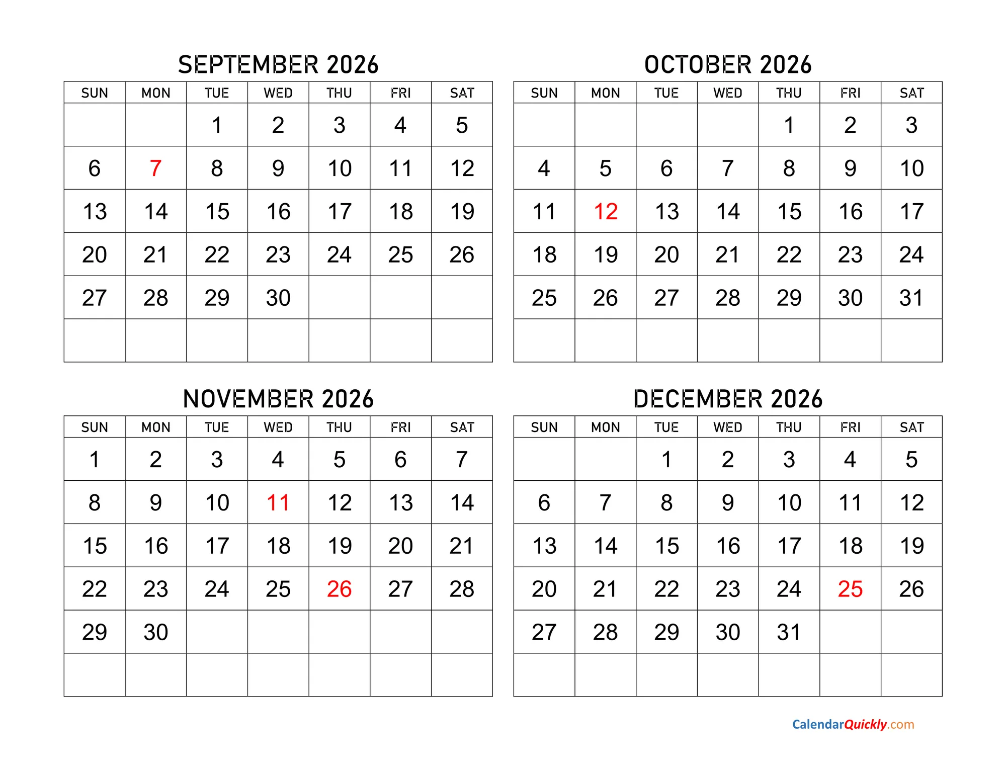 December 2026 calendar printable