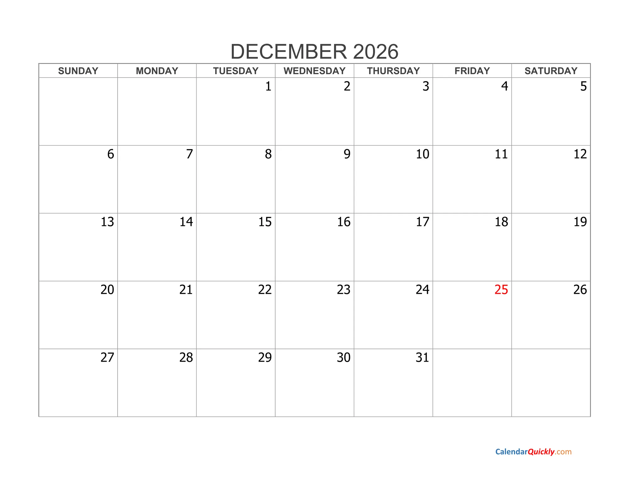 Blank calendar for December 2025