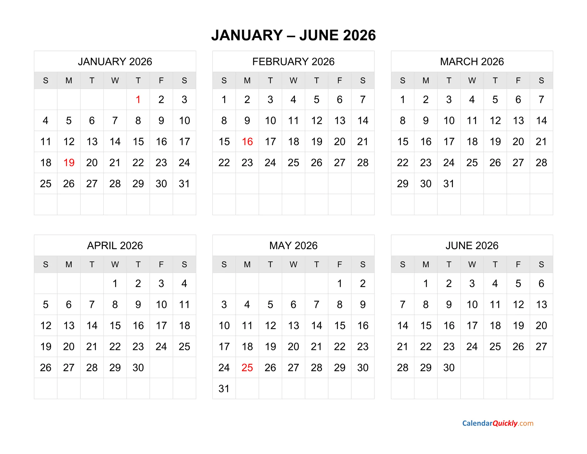 January to April 2026 calendar