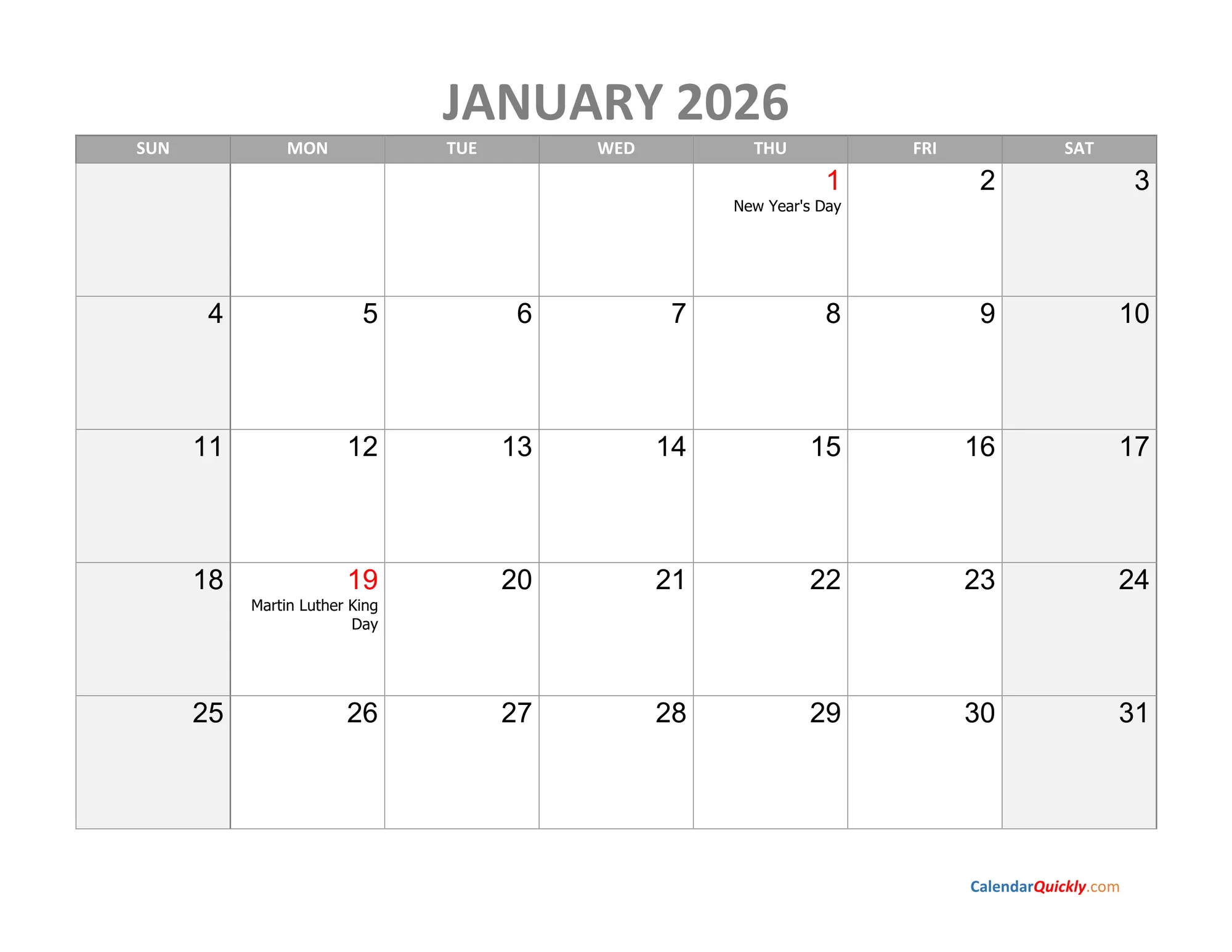 2026 monthly calendar overview