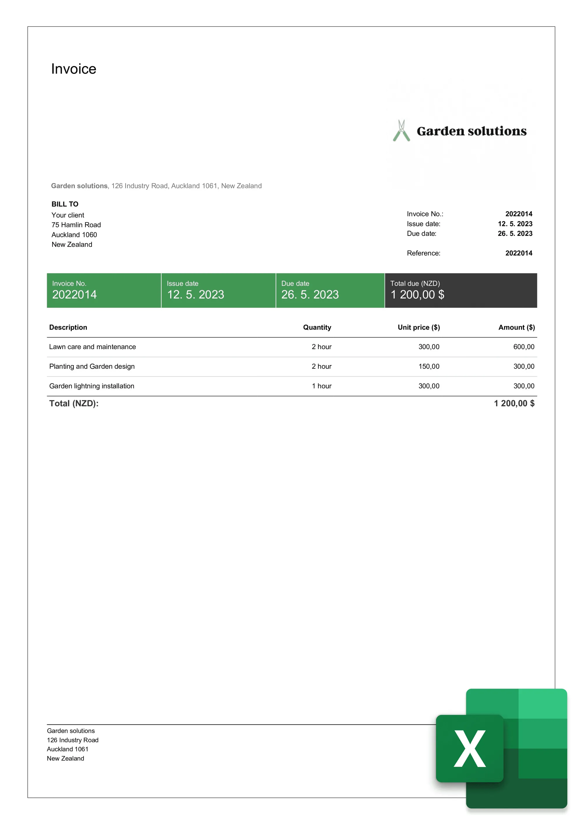 Contractor invoice in Excel format