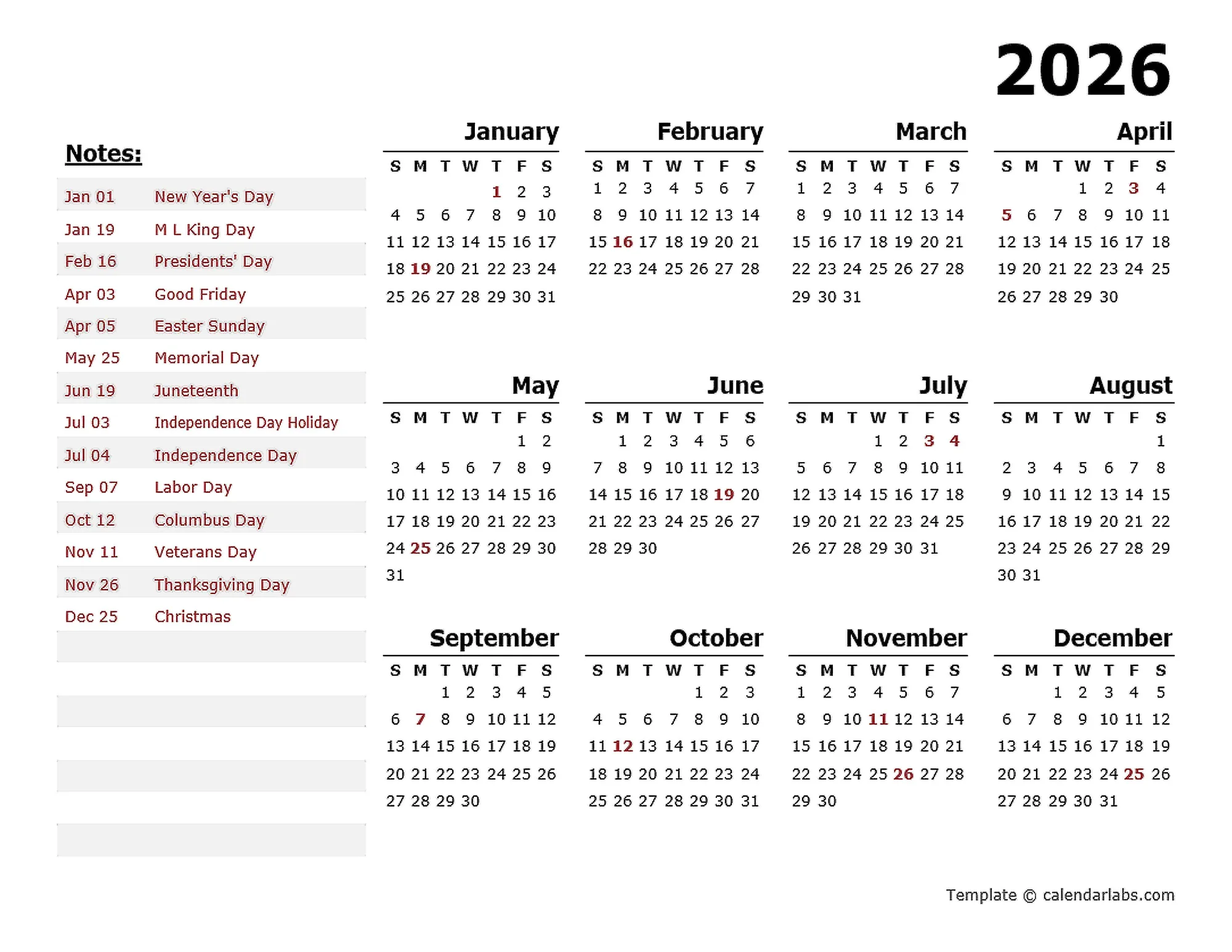 2026 holiday calendar overview